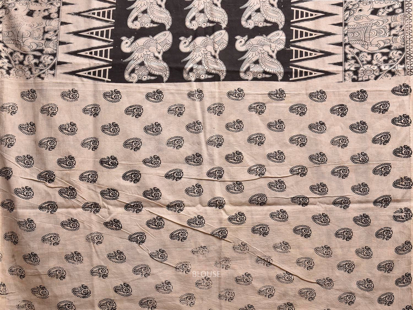 White and Black Kalamkari Digital Print Cotton Saree with Peacocks and Elephant Border Design KL0844