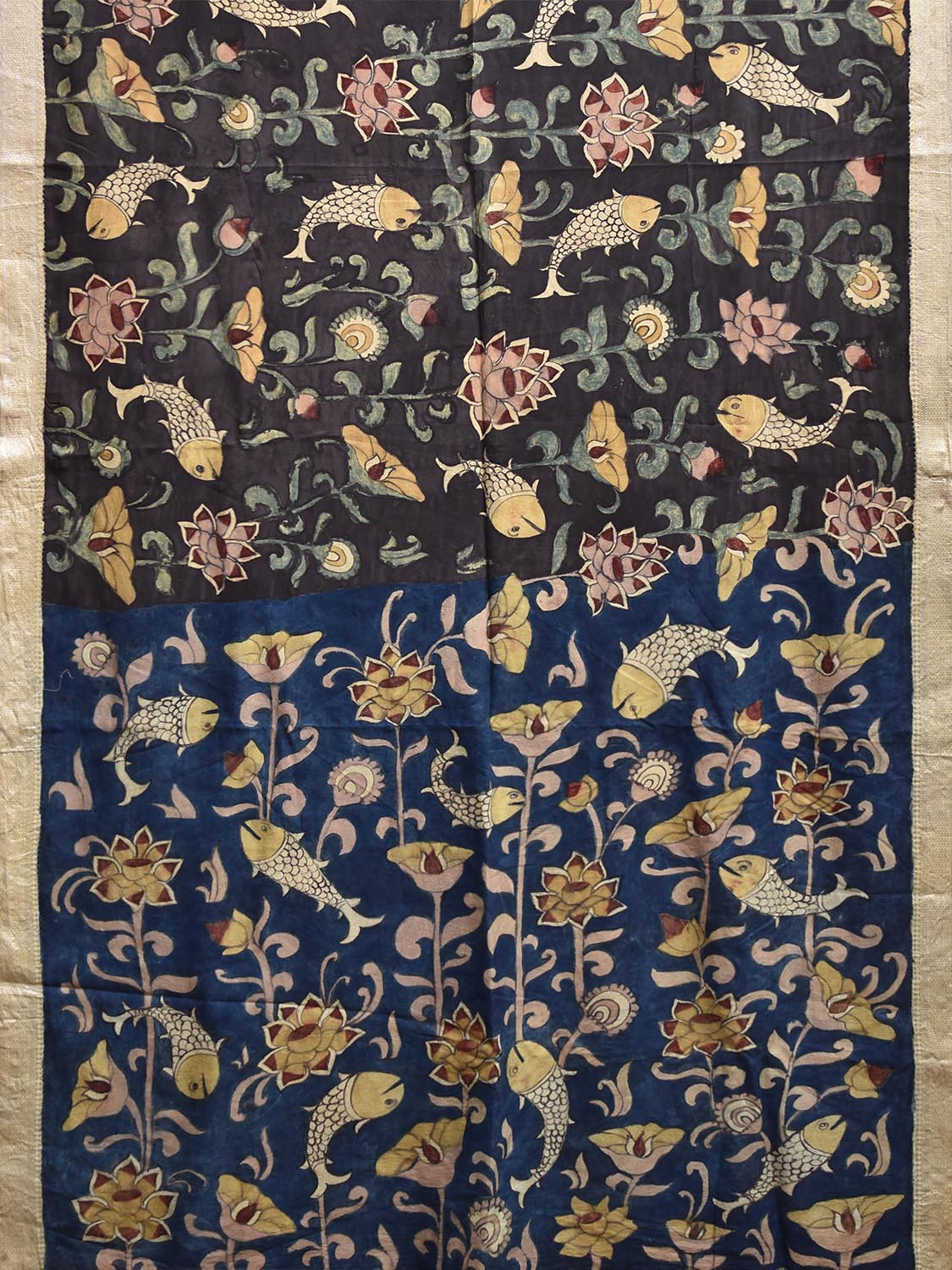 Black and Blue Kalamkari Hand Painted Sico Saree with Fishes and Lotus Flowers Design No Blouse KL0845