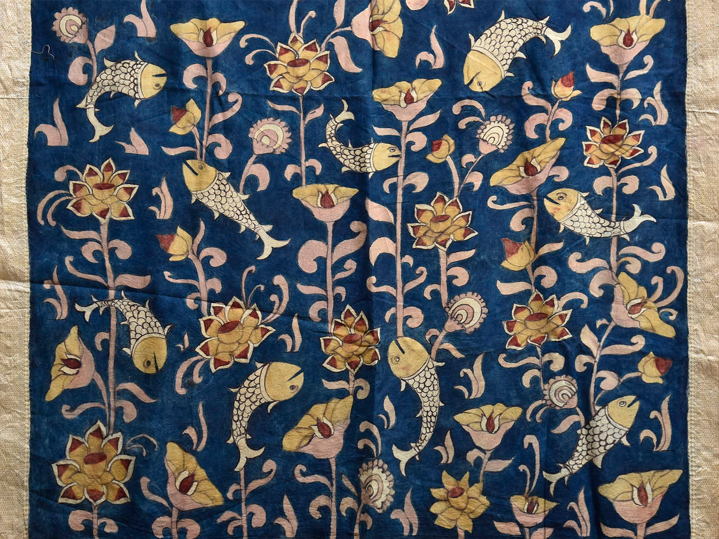 Black and Blue Kalamkari Hand Painted Sico Saree with Fishes and Lotus Flowers Design No Blouse KL0845