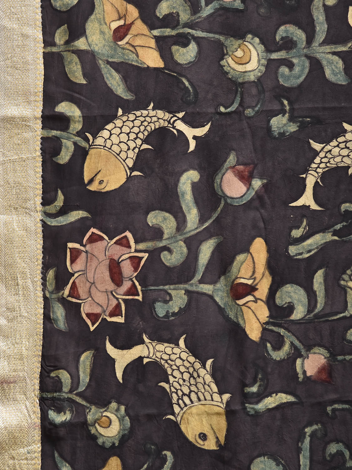 Black and Blue Kalamkari Hand Painted Sico Saree with Fishes and Lotus Flowers Design No Blouse KL0845