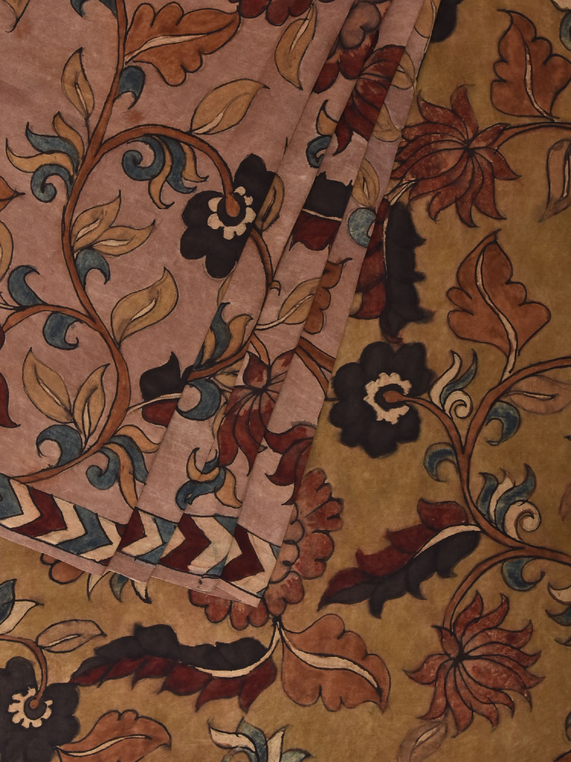 Peach and Yellow Kalamkari Hand Painted Sico Saree with All Over Floral Design No Blouse KL0846