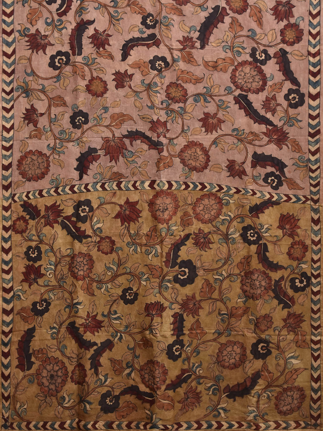 Peach and Yellow Kalamkari Hand Painted Sico Saree with All Over Floral Design No Blouse KL0846