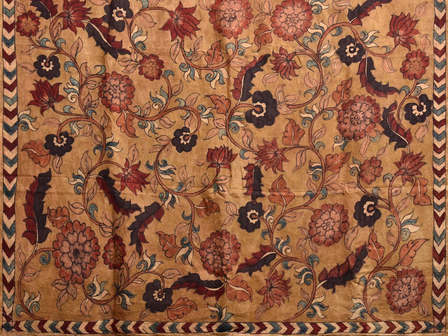 Peach and Yellow Kalamkari Hand Painted Sico Saree with All Over Floral Design No Blouse KL0846