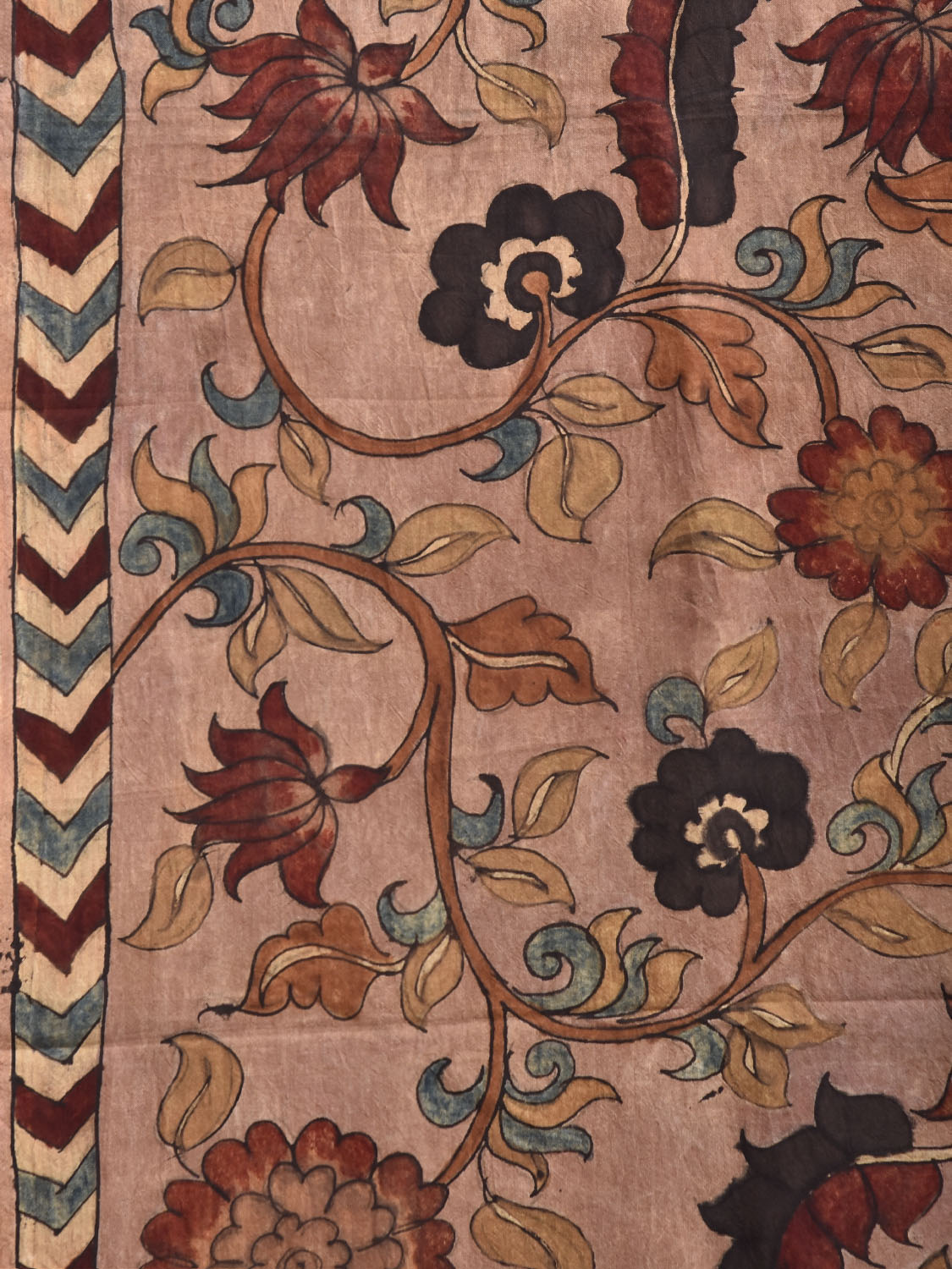 Peach and Yellow Kalamkari Hand Painted Sico Saree with All Over Floral Design No Blouse KL0846
