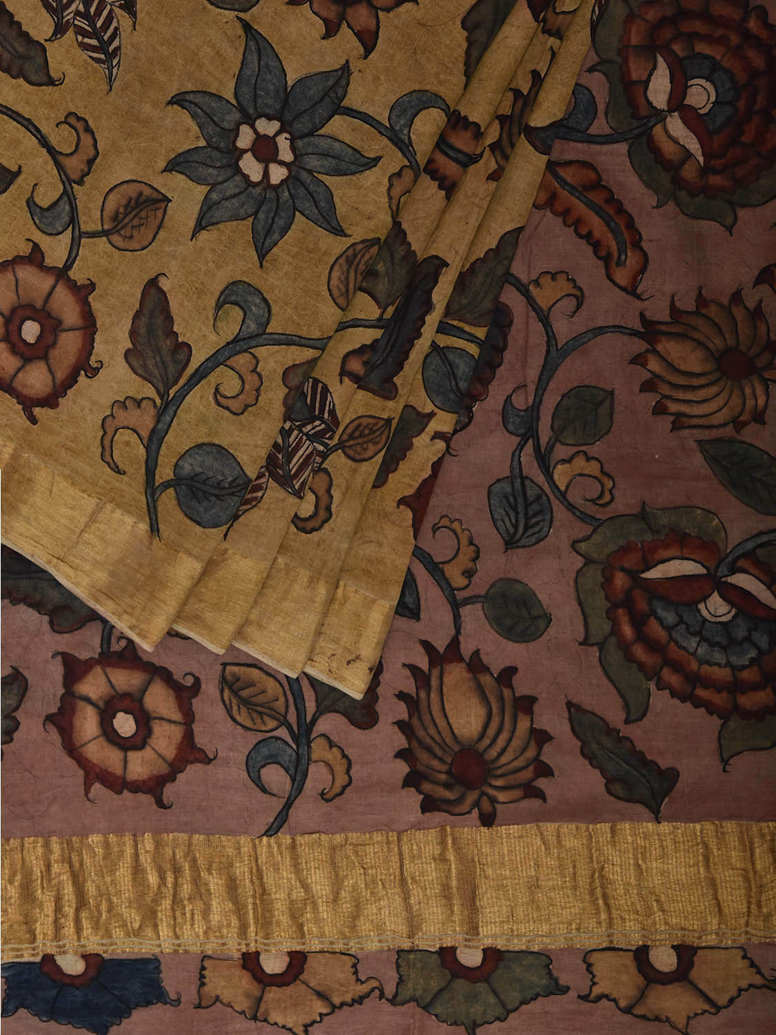 Yellow and Peach Kalamkari Hand Painted Cotton Saree with Floral Design KL0847