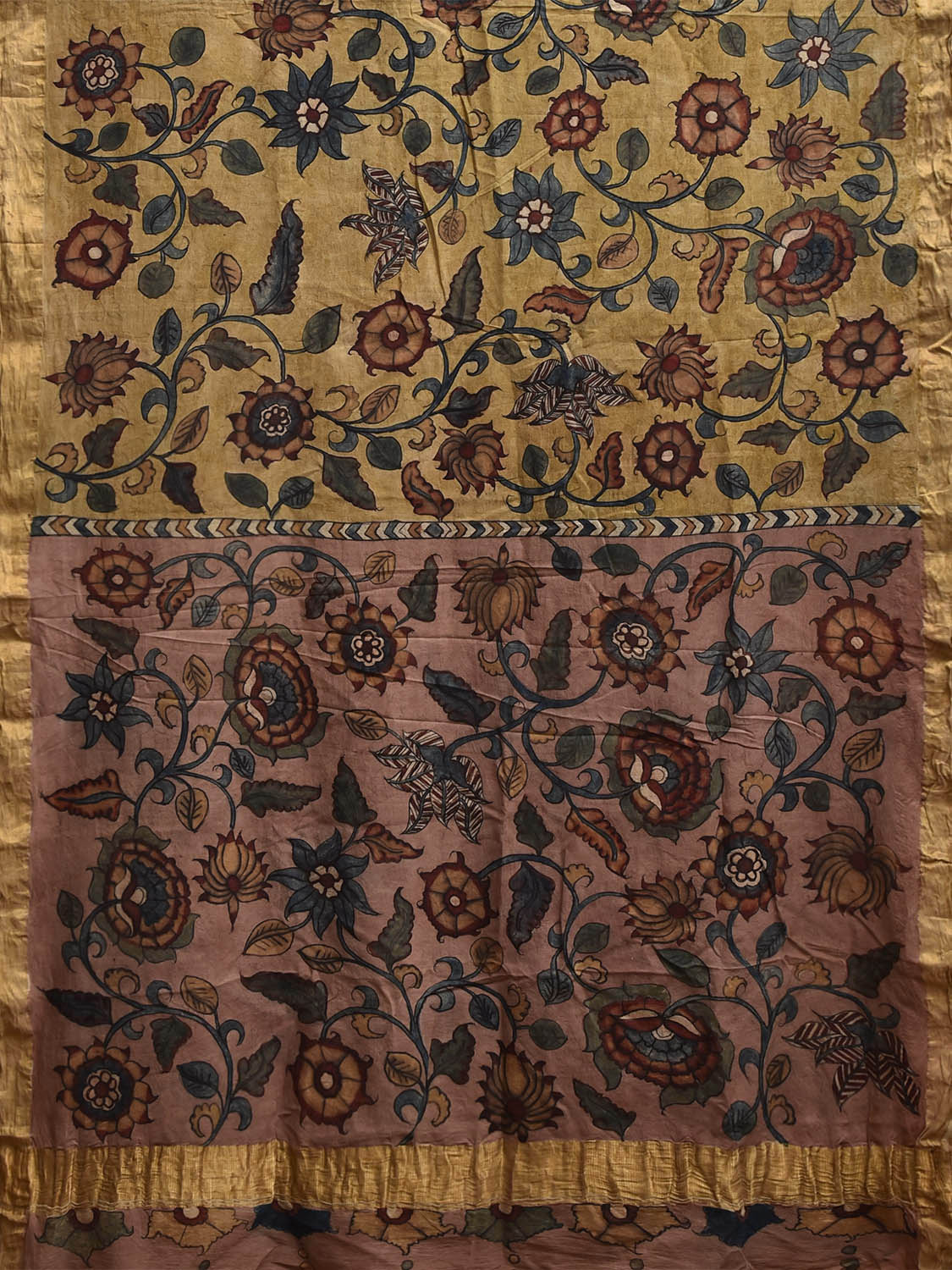 Yellow and Peach Kalamkari Hand Painted Cotton Saree with Floral Design KL0847