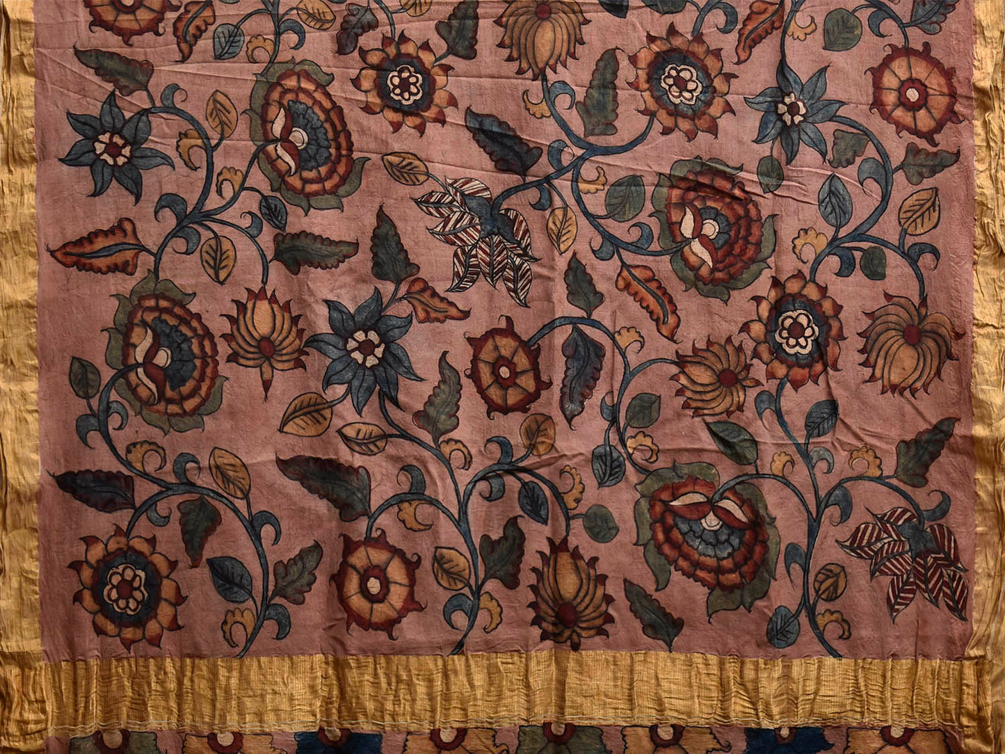 Yellow and Peach Kalamkari Hand Painted Cotton Saree with Floral Design KL0847