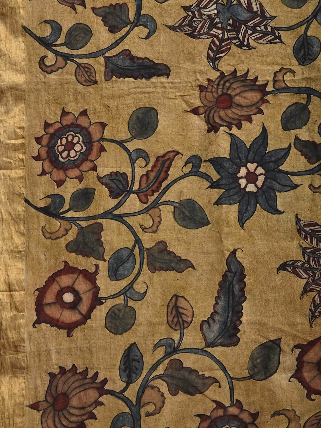 Yellow and Peach Kalamkari Hand Painted Cotton Saree with Floral Design KL0847