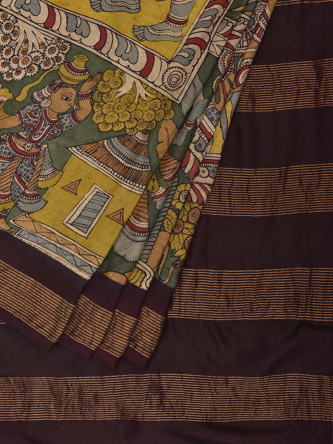 Green and Brown Kalamkari Hand Painted Gadwal Silk Saree with Dashavatar Design KL0849