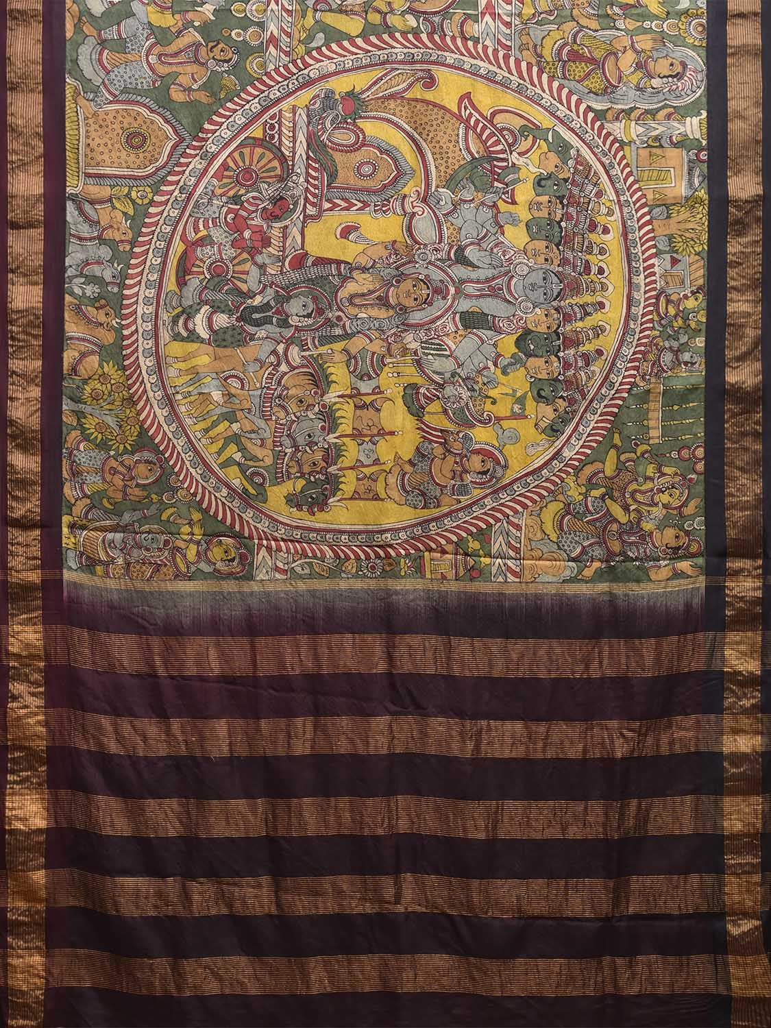 Green and Brown Kalamkari Hand Painted Gadwal Silk Saree with Dashavatar Design KL0849