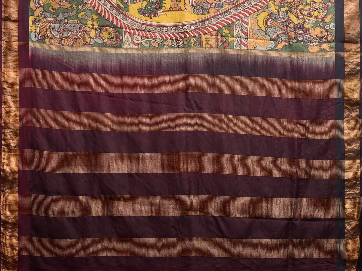 Green and Brown Kalamkari Hand Painted Gadwal Silk Saree with Dashavatar Design KL0849