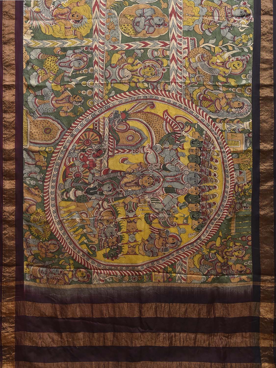 Green and Brown Kalamkari Hand Painted Gadwal Silk Saree with Dashavatar Design KL0849