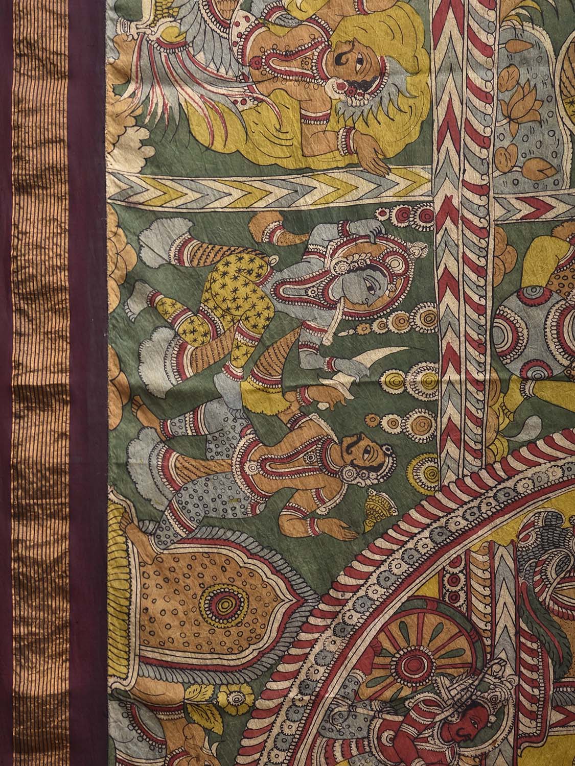Green and Brown Kalamkari Hand Painted Gadwal Silk Saree with Dashavatar Design KL0849