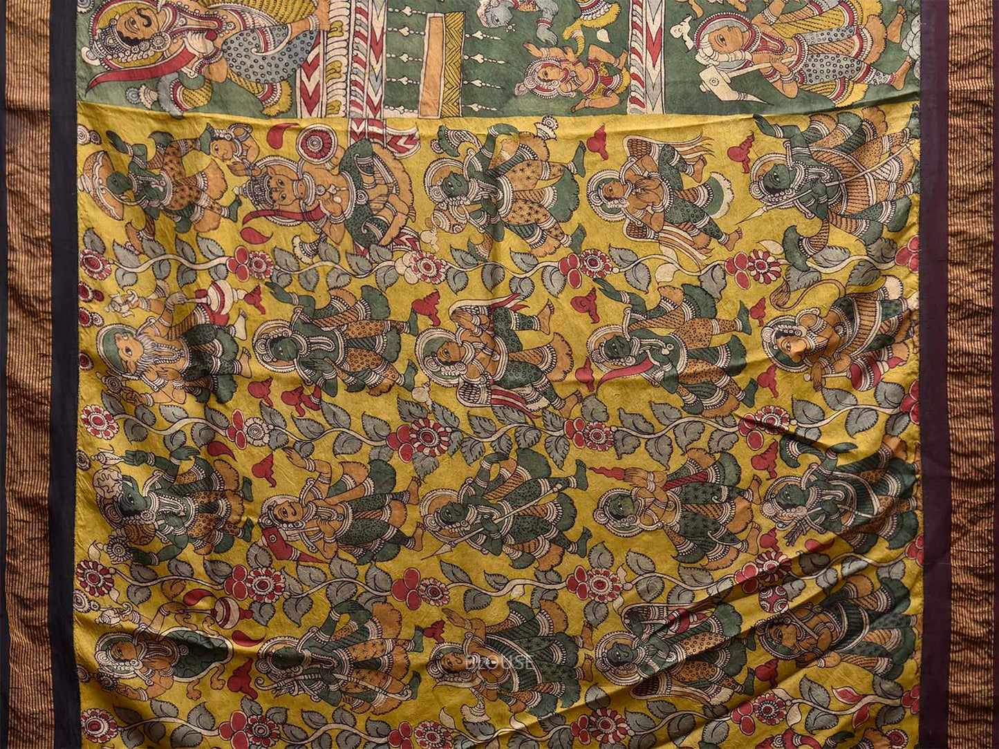 Green and Brown Kalamkari Hand Painted Gadwal Silk Saree with Dashavatar Design KL0849