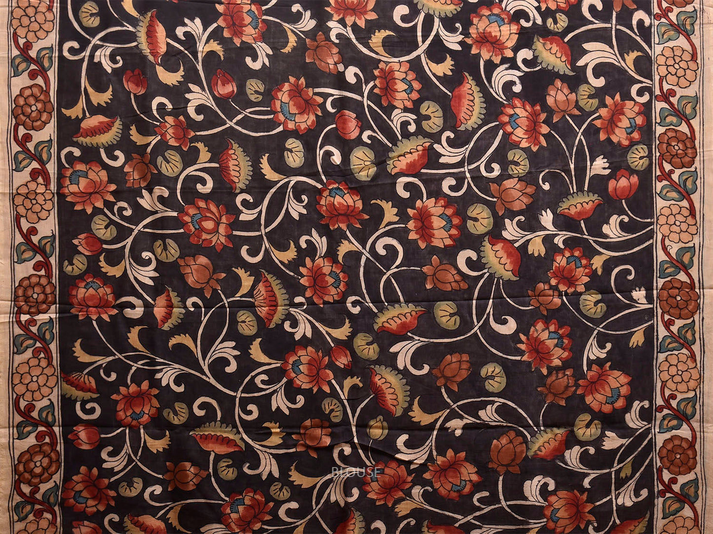 Cream and Black Kalamkari Hand Painted Silk Handloom Saree with Floral and Peacocks Pallu Design KL0850