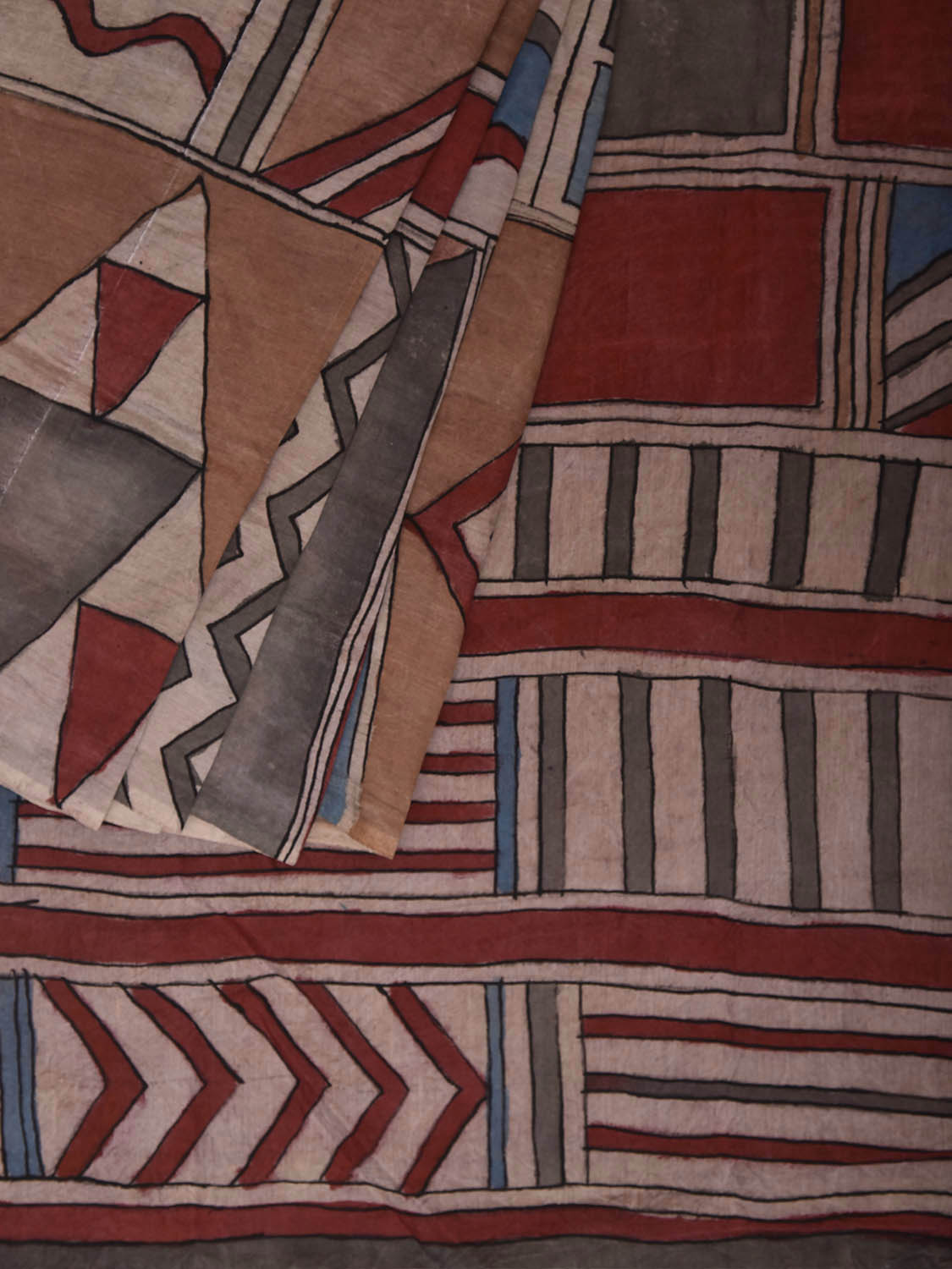 Multicolor Kalamkari Hand Painted Sico Saree with All Over Geometric Design KL0851