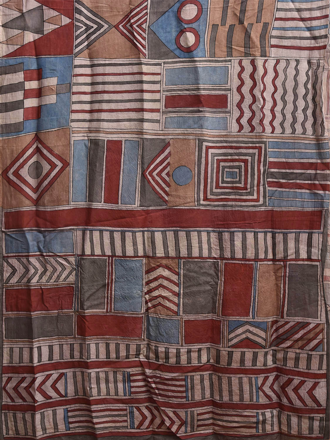 Multicolor Kalamkari Hand Painted Sico Saree with All Over Geometric Design KL0851