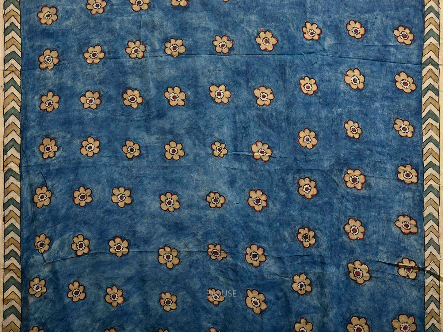 Mustard and Blue Kalamkari Hand Painted Crepe Saree with Floral and Peacocks Pallu Design KL085