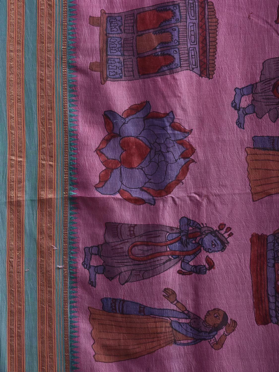 Pink and Turquoise Kalamkari Hand Painted Narayanpet Pure Silk Saree with All Over Design No Blouse KL0853