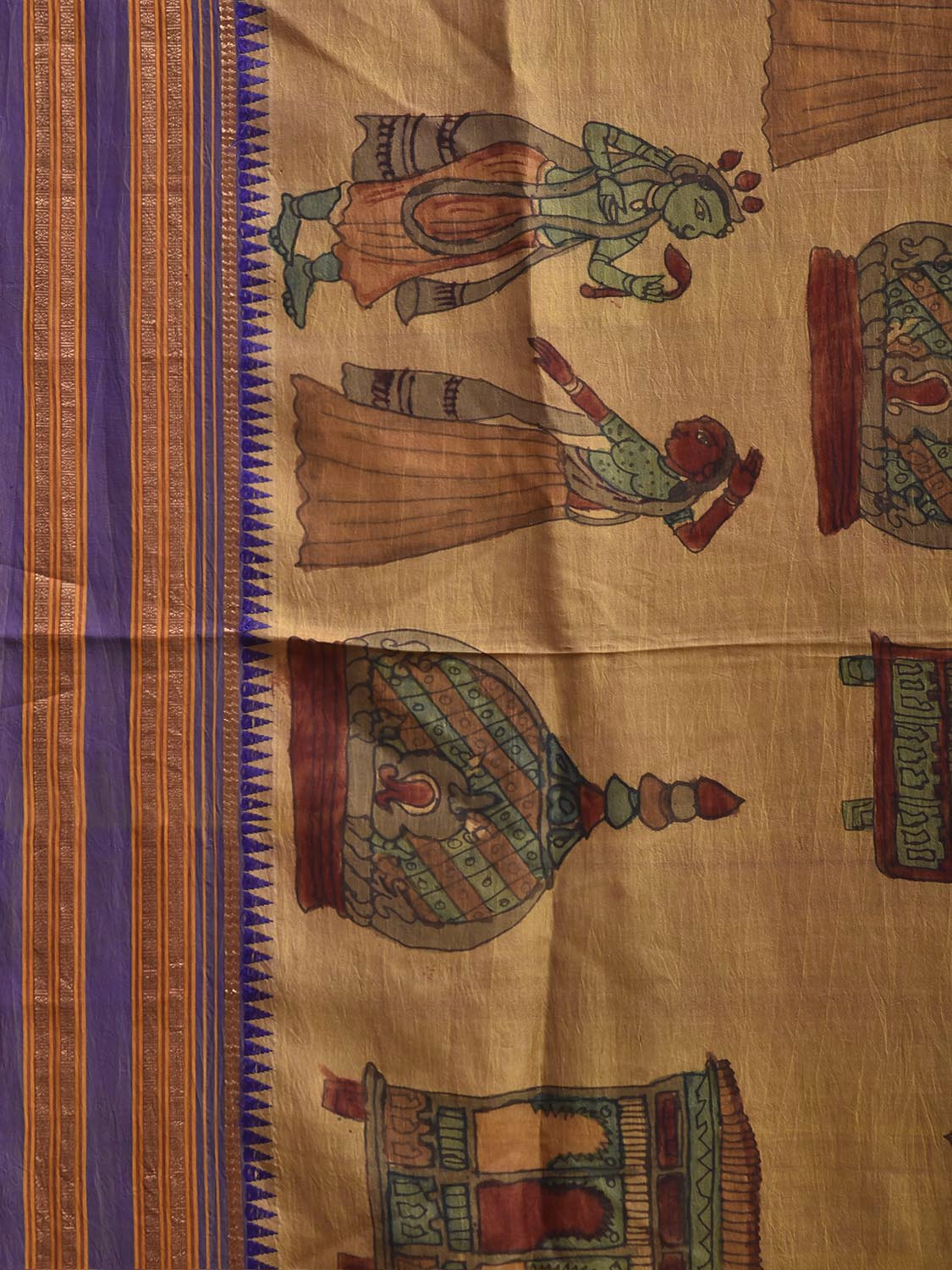 Light Yellow and Dark Blue Kalamkari Hand Painted Narayanpet Pure Silk Saree with All Over Design No Blouse KL0859