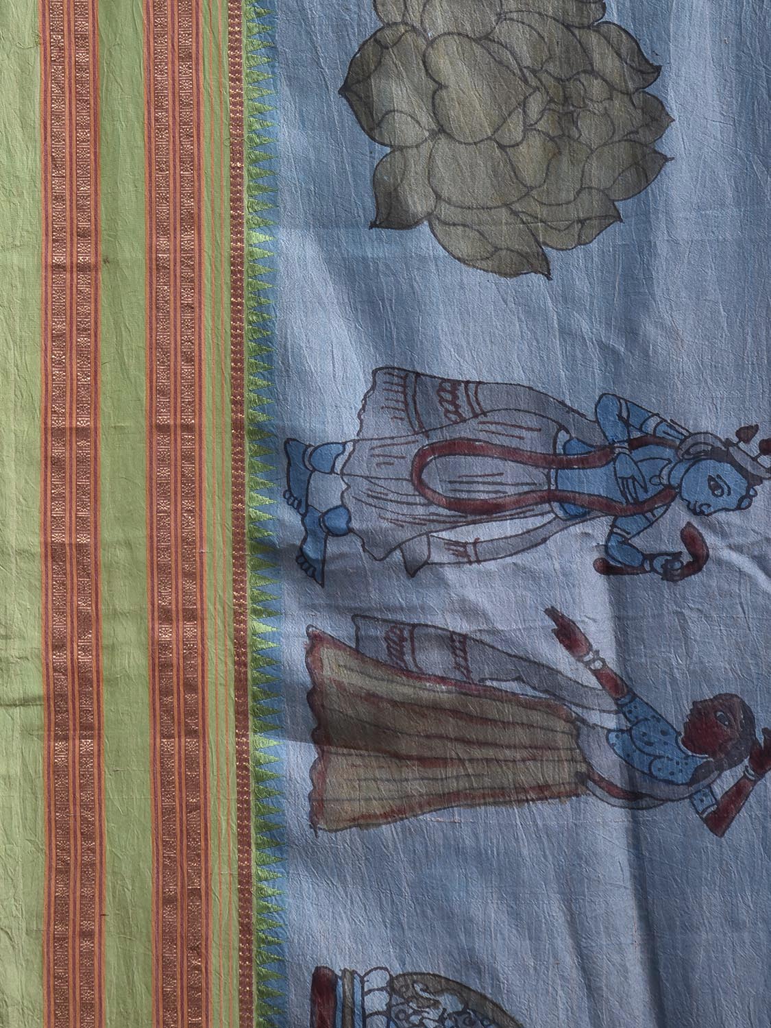 Blue and Light Green Kalamkari Hand Painted Narayanpet Pure Silk Saree with All Over Design No Blouse KL0860