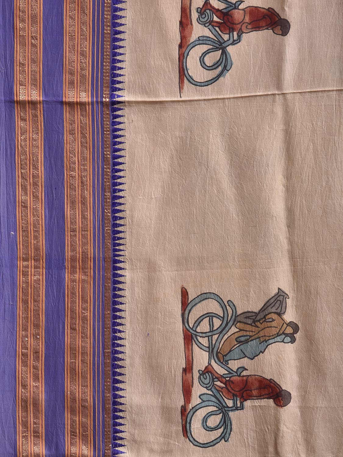 Cream and Dark Blue Kalamkari Hand Painted Narayanpet Pure Silk Saree with Vehicles Design No Blouse KL0861