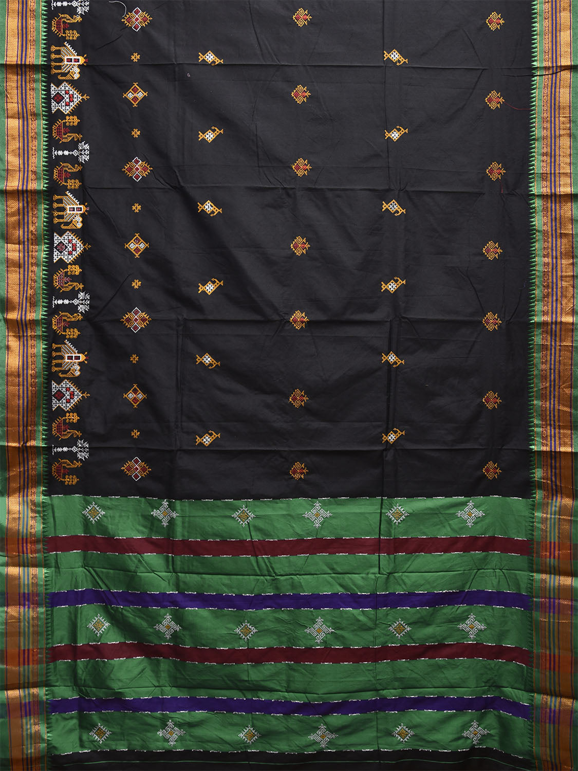 Black and Green Kasuti Work On ilkal Cotton Viscose Saree with Contrast Pallu Design No Blouse ku0004