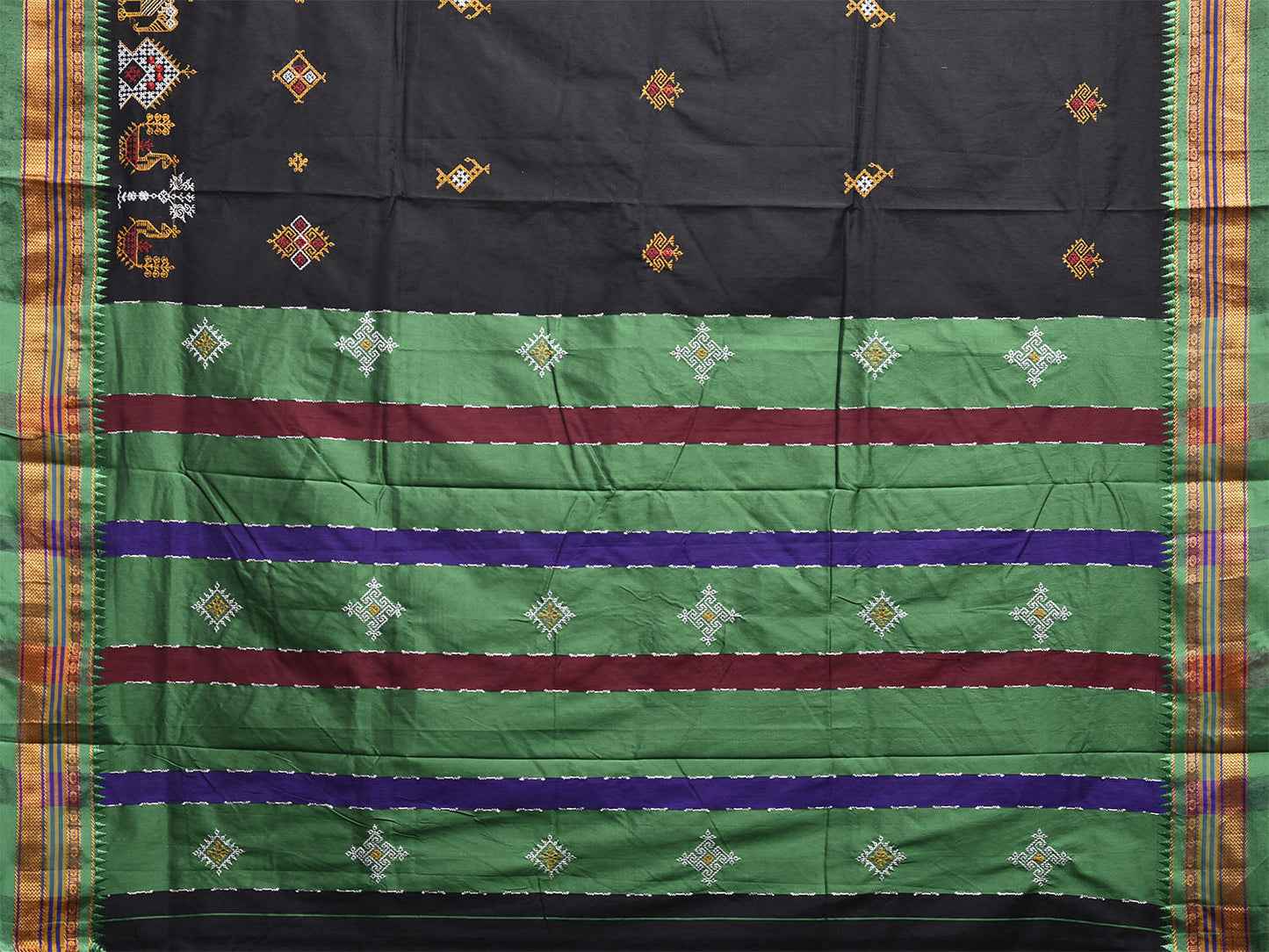 Black and Green Kasuti Work On ilkal Cotton Viscose Saree with Contrast Pallu Design No Blouse ku0004