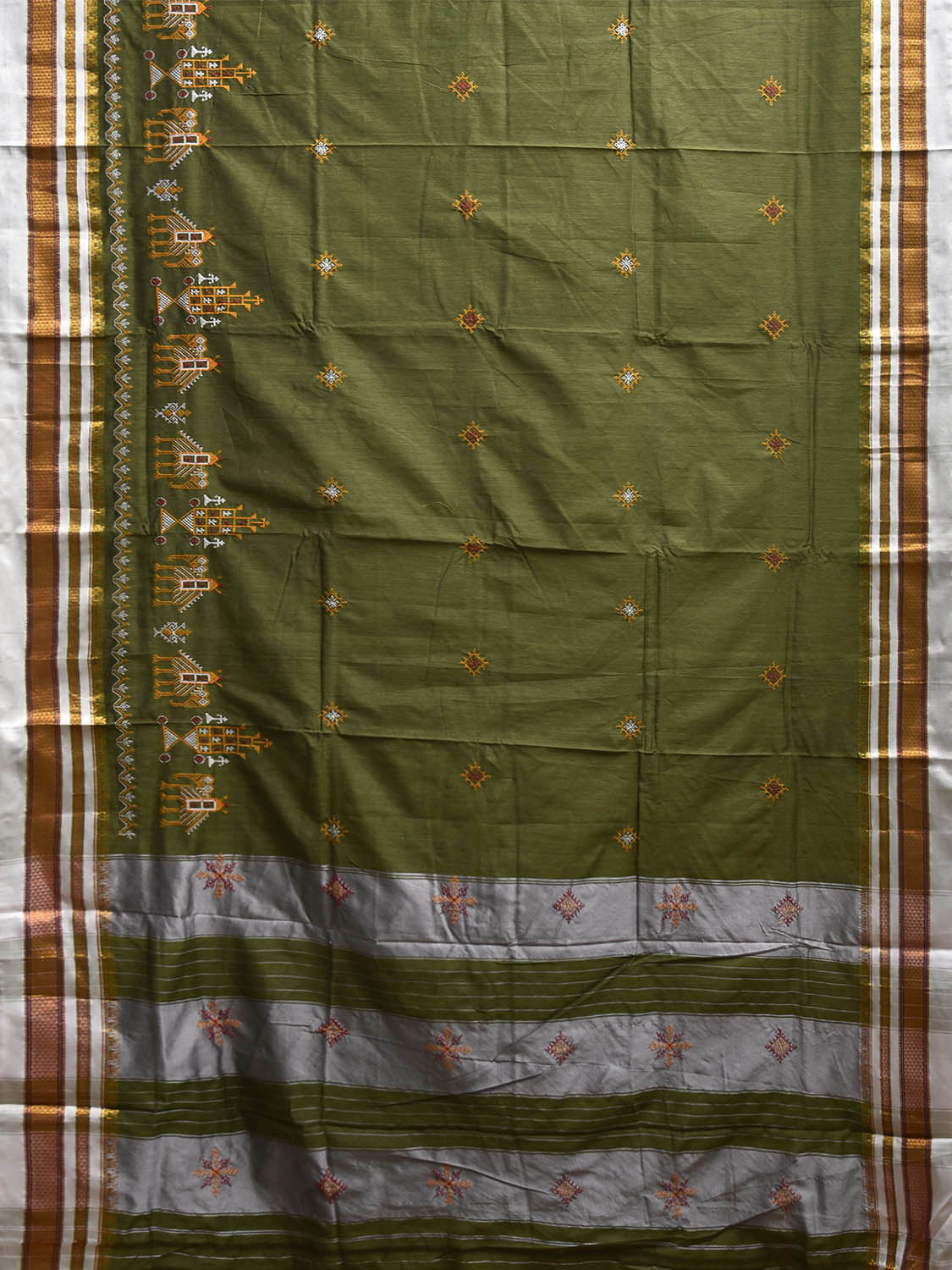 Olive and White Kasuti Work On ilkal Cotton Viscose Saree with Contrast Pallu Design No Blouse ku0011
