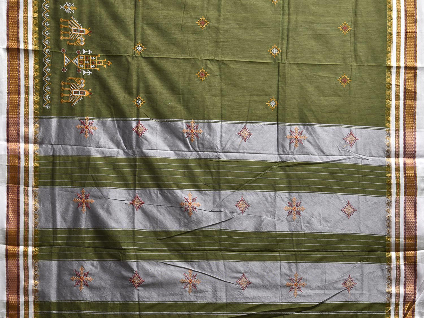 Olive and White Kasuti Work On ilkal Cotton Viscose Saree with Contrast Pallu Design No Blouse ku0011