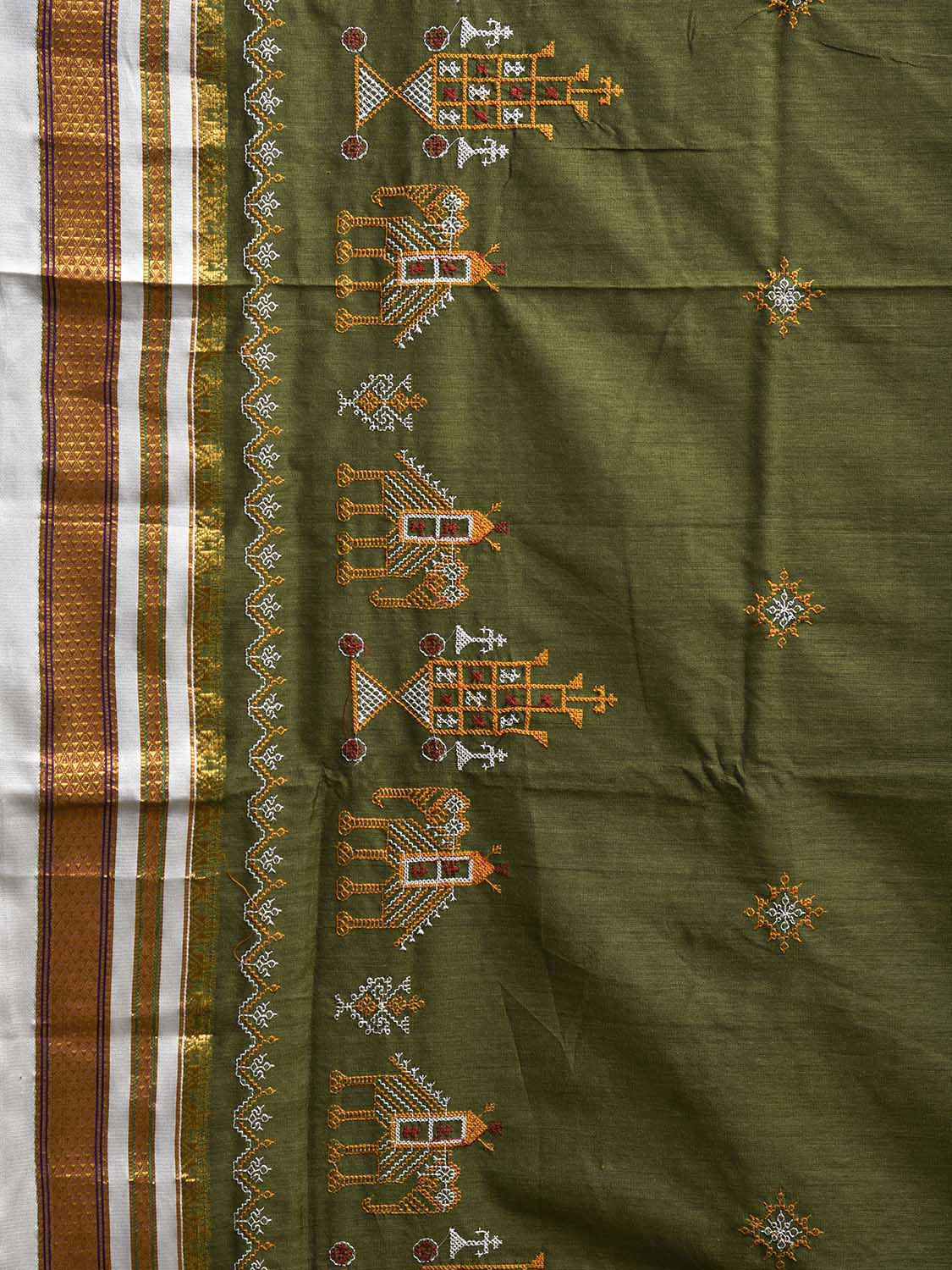 Olive and White Kasuti Work On ilkal Cotton Viscose Saree with Contrast Pallu Design No Blouse ku0011