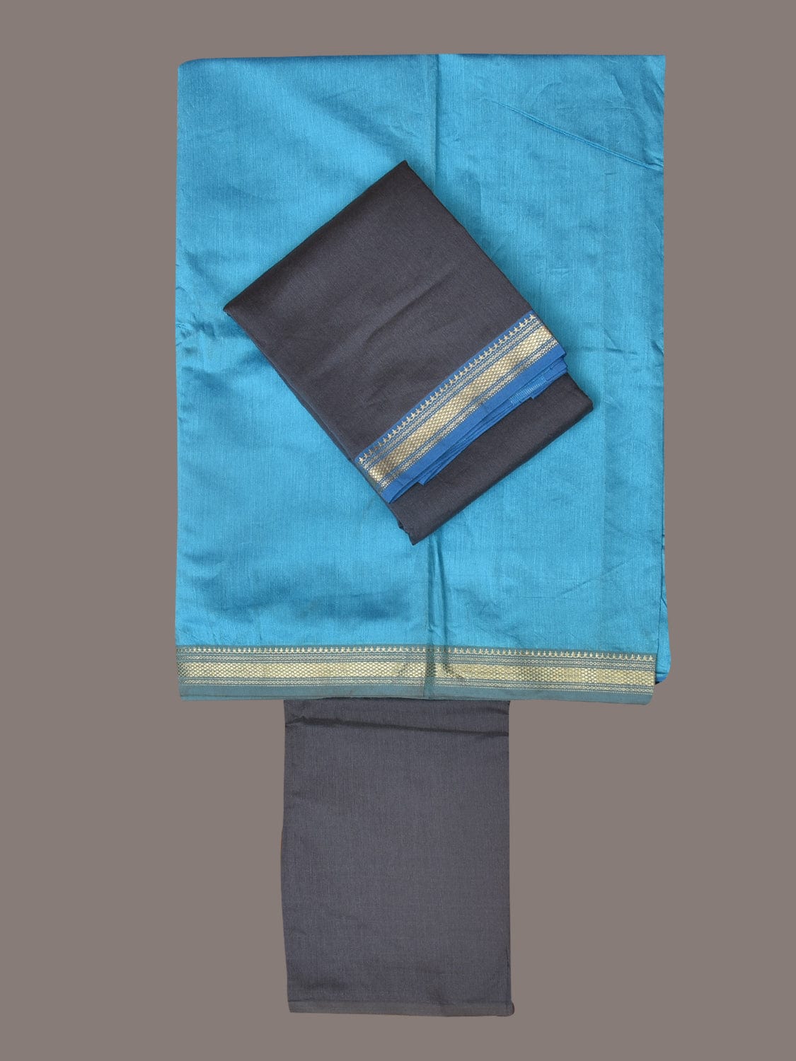 Light Blue and Grey Bamboo Cotton Fabric and Dupatta with Zari Border Design f0251