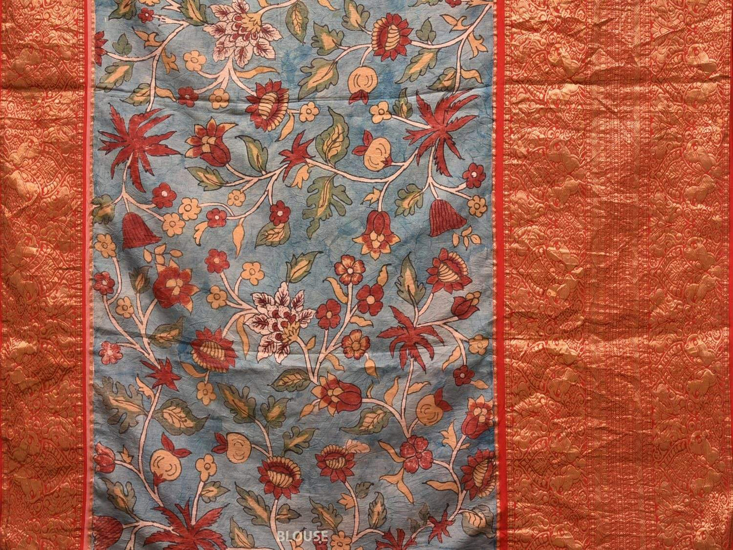 Light Blue and Red Kalamkari Hand Painted Kanchipuram Silk Handloom Saree with Floral Design KL0465