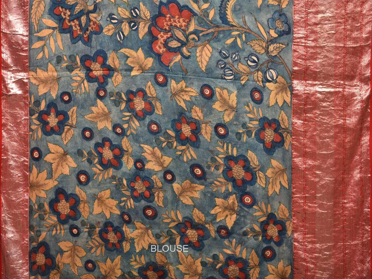 Light Blue Kalamkari Hand Painted Kanchipuram Silk Handloom Saree with Big Flowers Design KL0432