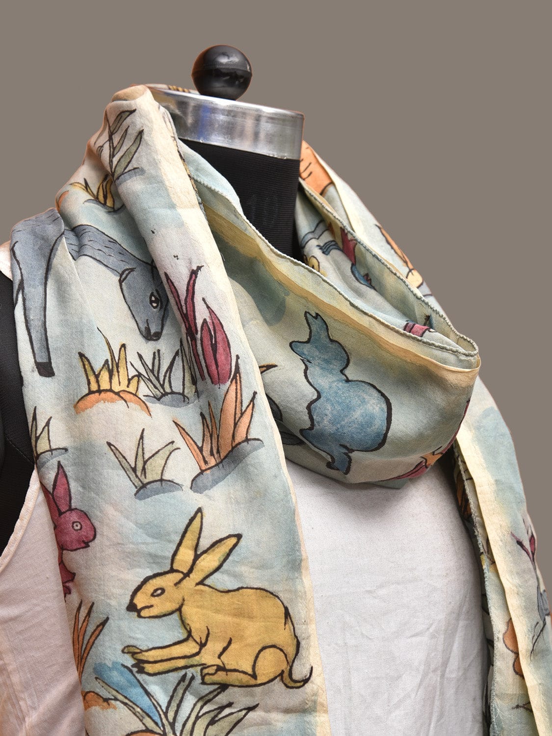 Light Blue Kalamkari Hand Painted Sico Stole with Animals and Birds Design ds3268