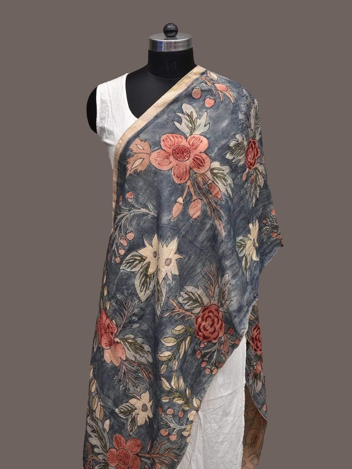 Light Blue Kalamkari Hand Printed Silk Handloom Stole with Floral Design ds2247