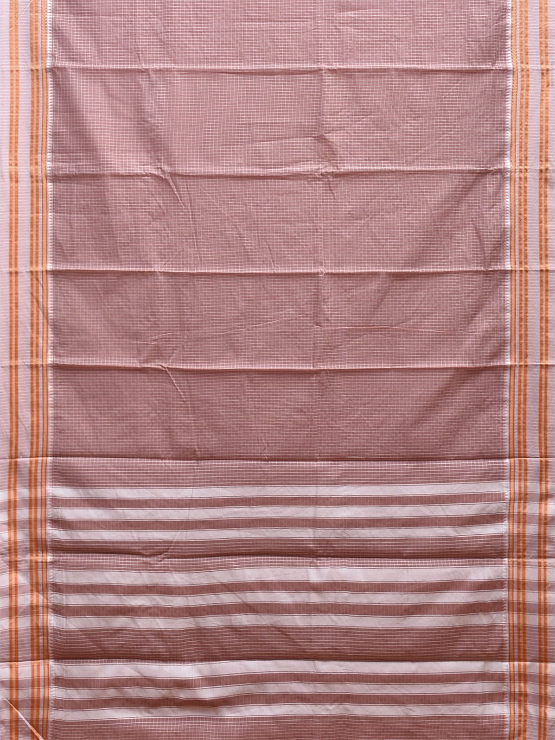 Light Brown and White Bamboo Cotton Saree with Checks and Strips Pallu Design No Blouse bc0634