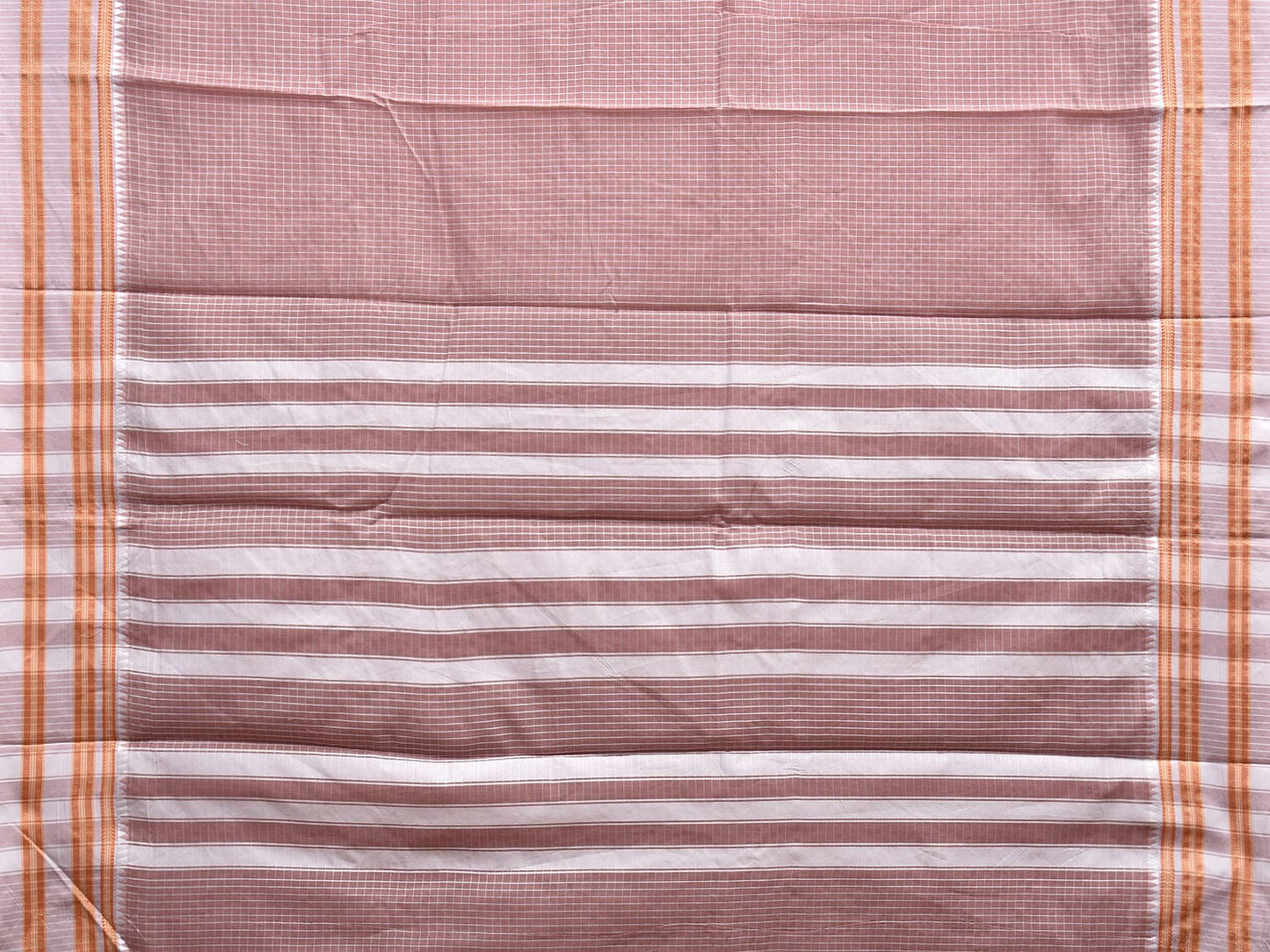 Light Brown and White Bamboo Cotton Saree with Checks and Strips Pallu Design No Blouse bc0634