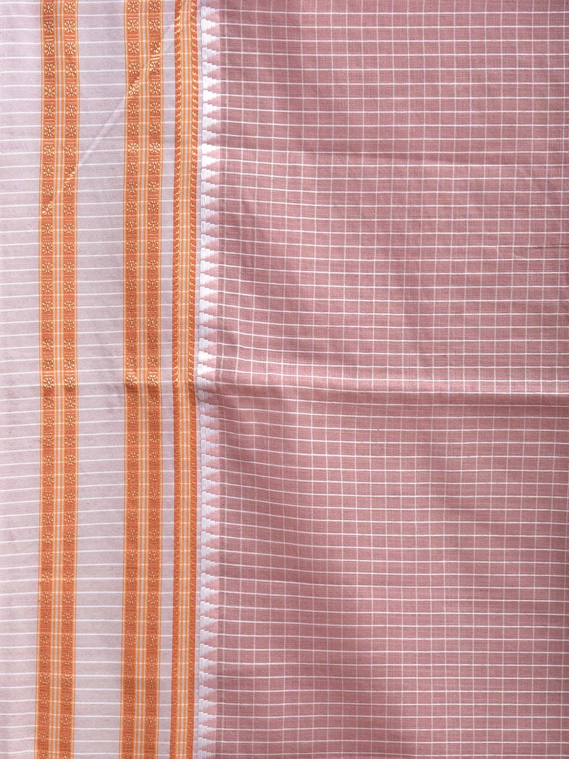Light Brown and White Bamboo Cotton Saree with Checks and Strips Pallu Design No Blouse bc0634