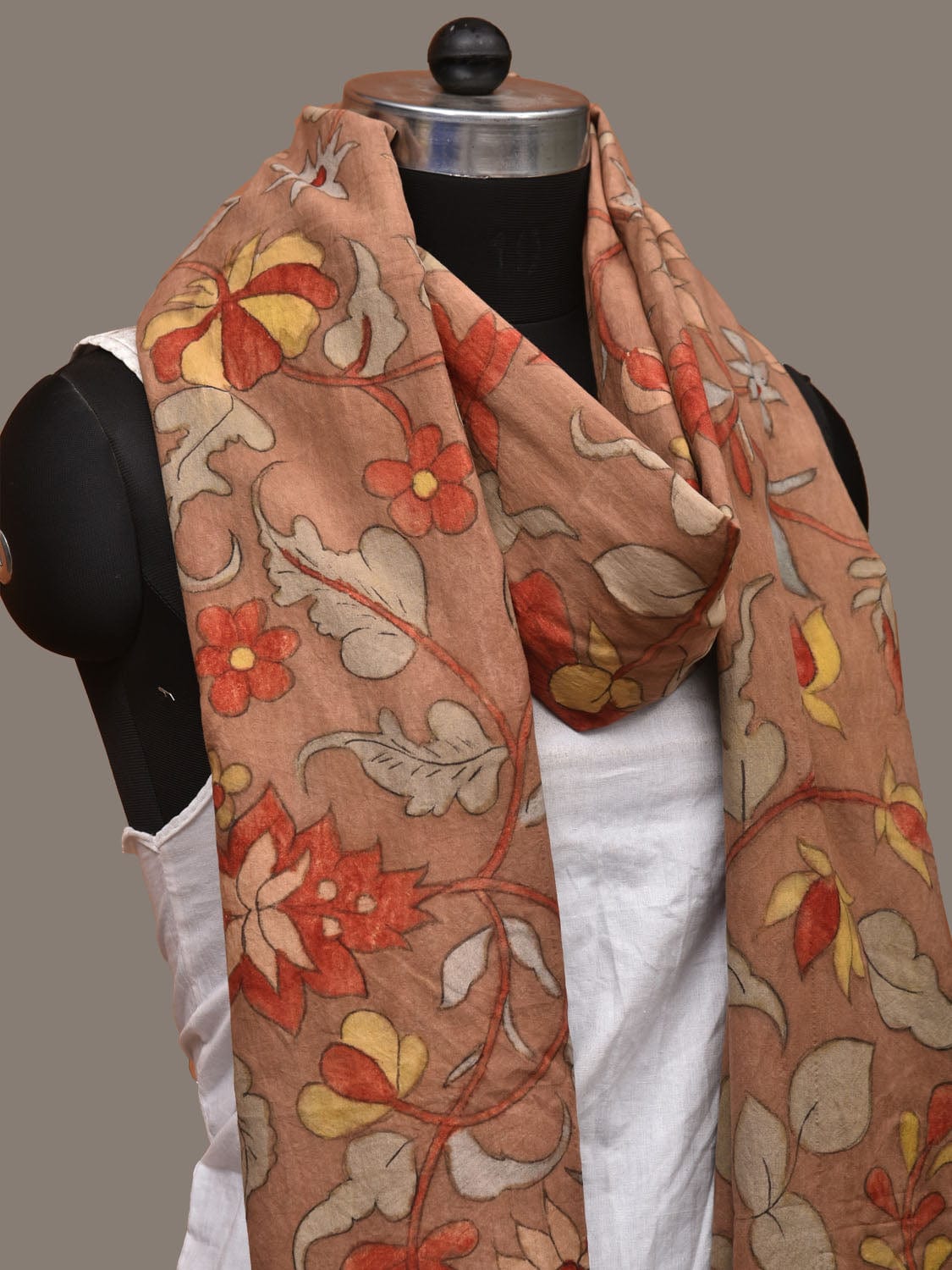 Light Brown Kalamkari Hand Painted Cotton Handloom Dupatta with Floral Design ds3128