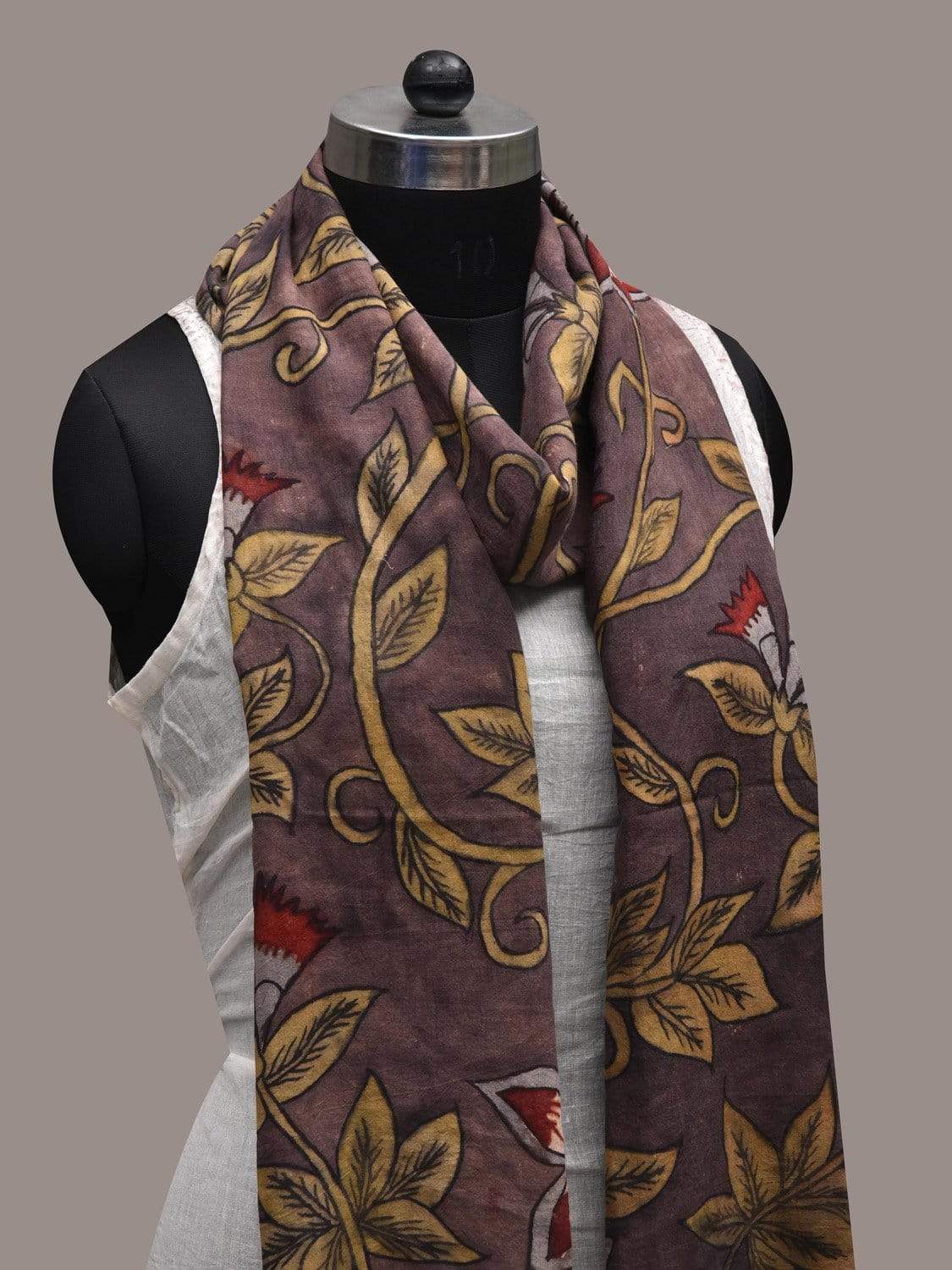 Light Brown Kalamkari Hand Painted Cotton Handloom Stole with Floral Design ds2534