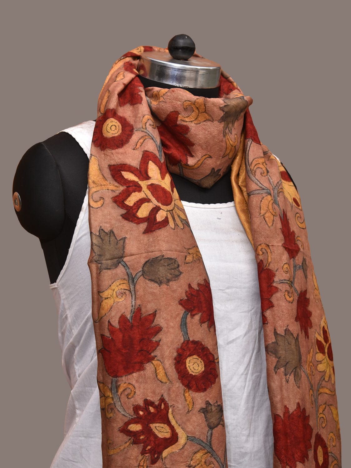 Light Brown Kalamkari Hand Painted Kanchipuram Silk Handloom Dupatta with Floral Design ds3164