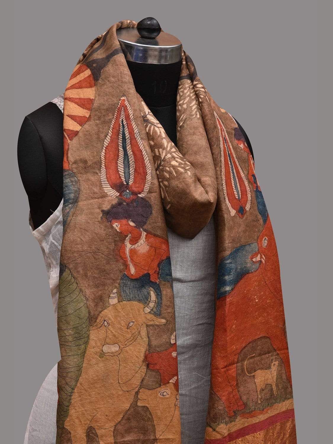 Light Brown Kalamkari Hand Painted Kanchipuram Silk Handloom Dupatta with Krishna Design ds2582
