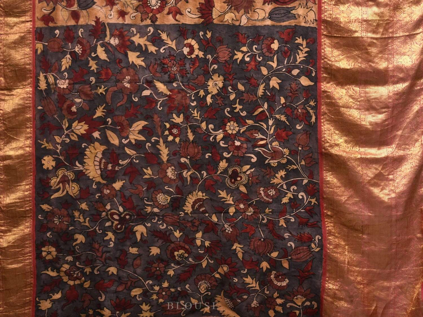 Light Brown Kalamkari Hand Painted Kanchipuram Silk Handloom Saree with Floral Design KL0561