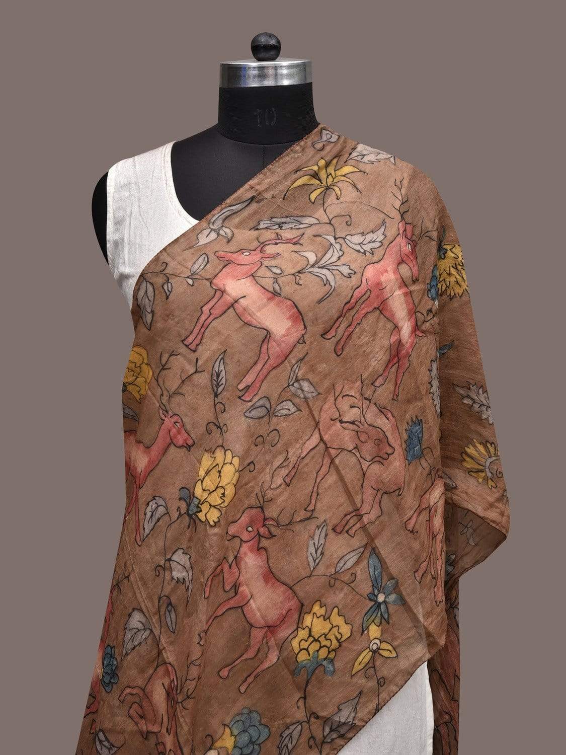 Light Brown Kalamkari Hand Painted Silk Stole with Deers Design ds2320