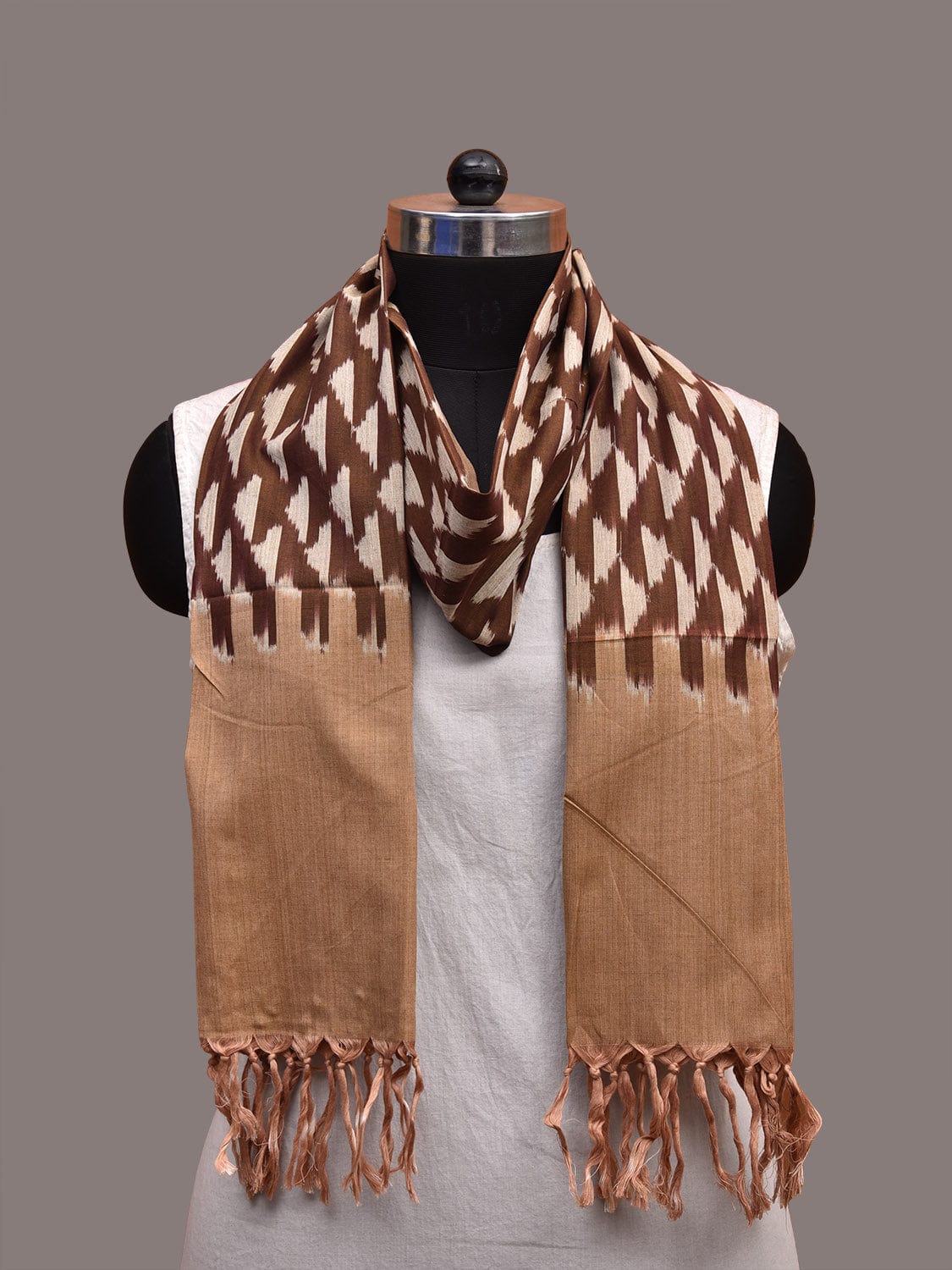 Light Brown Pochampally Ikat Cotton Handloom Stole with Small Buta Design ds3647