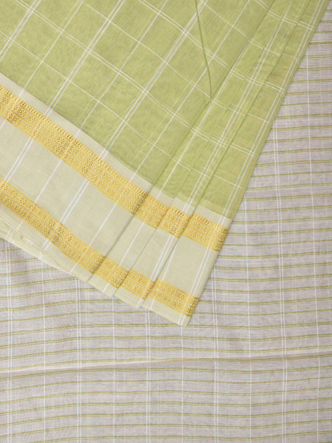 Light Green Bamboo Cotton Saree with Big Checks and Doby Border Design bc0130