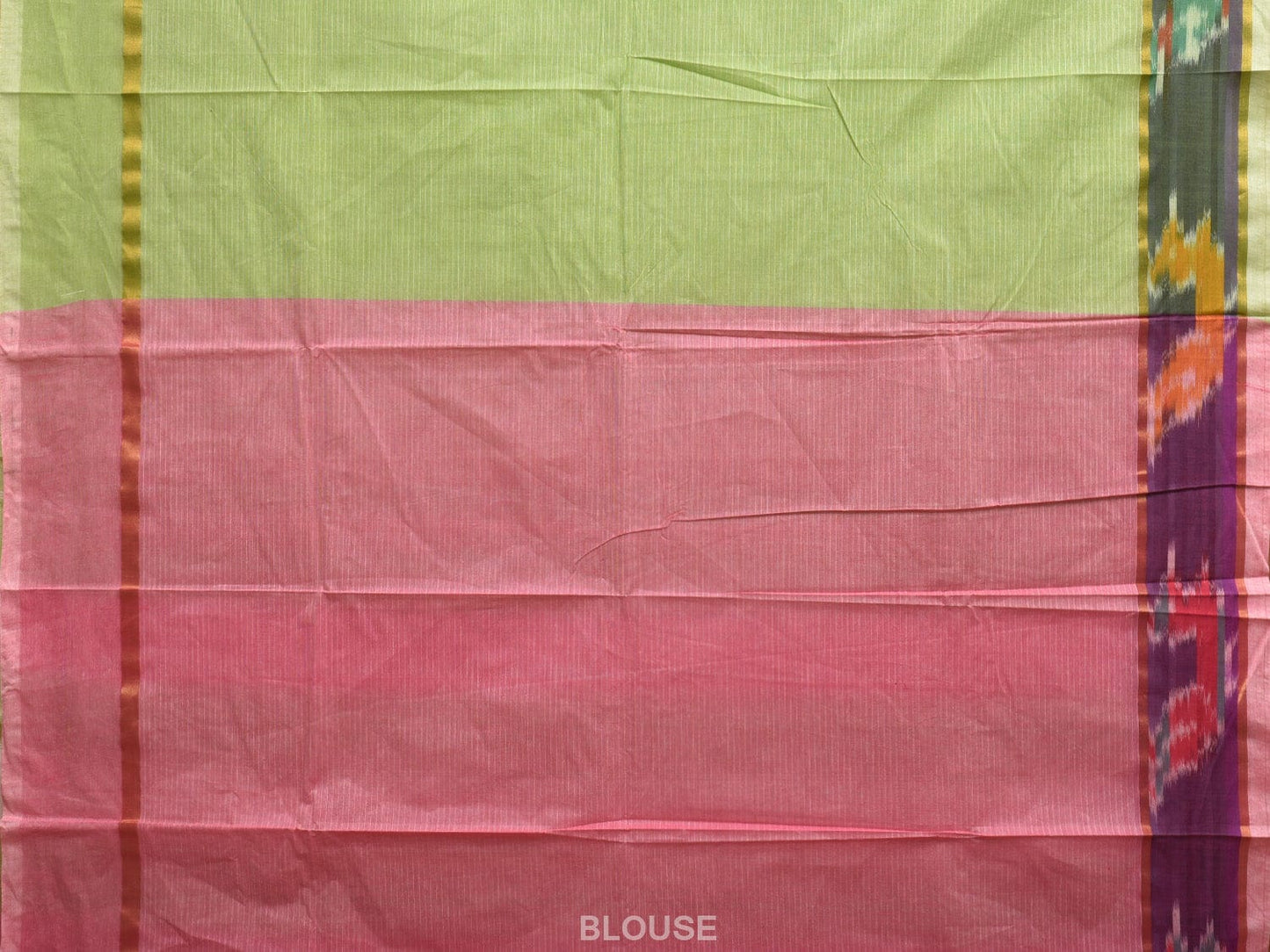 Light Green Cotton Saree with Strips and One Side Ikat Border Design o0461