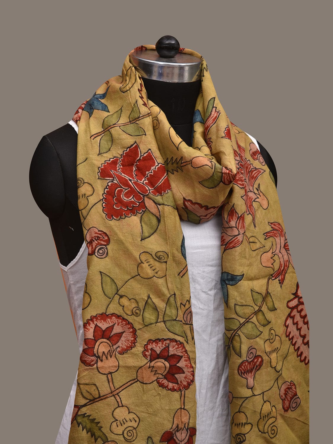 Light Green Kalamkari Hand Painted Cotton Handloom Stole with Floral Design ds3034