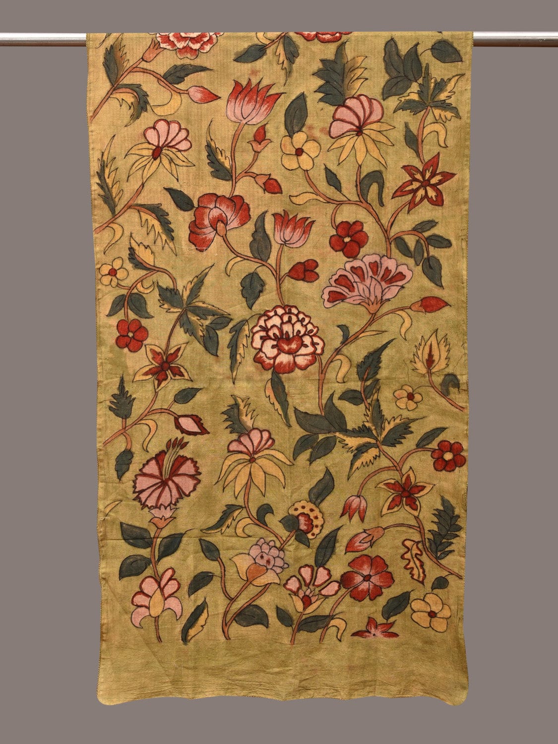 Light Green Kalamkari Hand Painted Cotton Stole with Floral Design ds3521